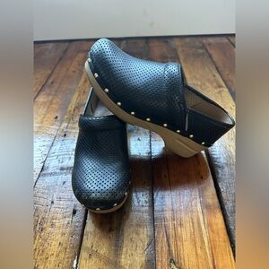 Dansko Black Perforated Leather Clogs with Stud Trim